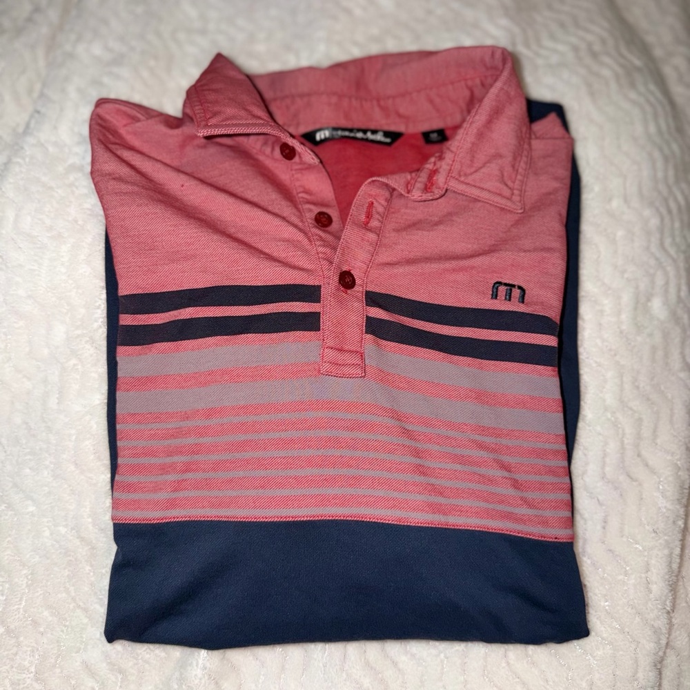 Travis Mathew Pink and Navy Striped Polo